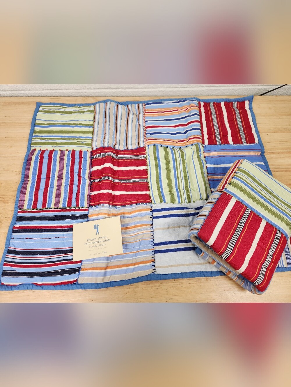 Pottery Barn Kids Quilted Pillow Sham Set of 2 Bright Striped Patchwork NOS Spot